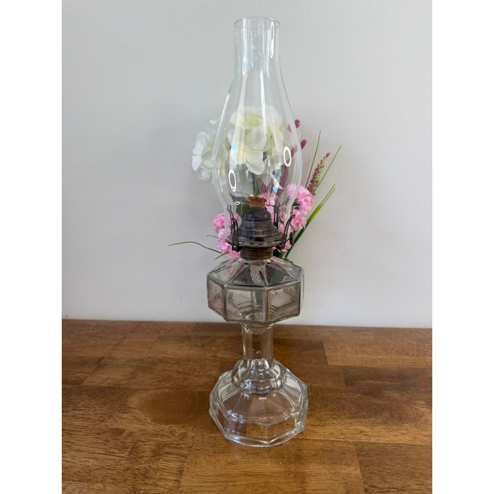 Vintage Grand Rapids Flame Light Pressed Glass Oil Lamp UV Reactive Farmhouse